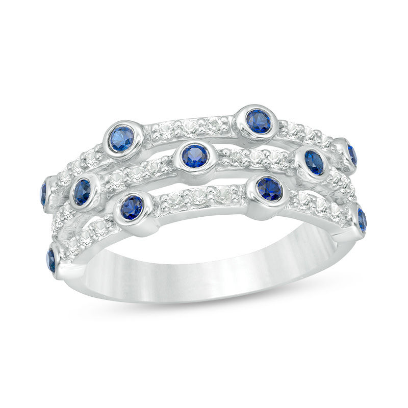 Bezel-Set Lab-Created Blue and White Sapphire Triple Row Orbit Ring in Sterling Silver
