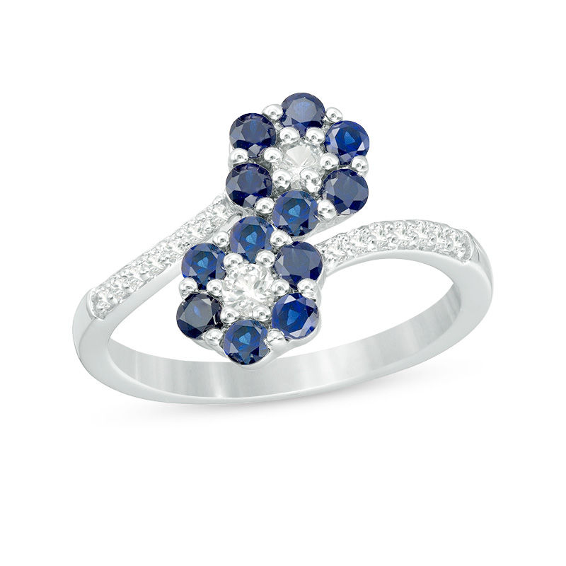 Lab-Created Blue and White Sapphire Double Flower Bypass Ring in Sterling Silver|Peoples Jewellers