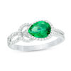 Thumbnail Image 1 of Pear-Shaped Lab-Created Emerald and 0.145 CT. T.W. Diamond Knot Frame Ring in Sterling Silver