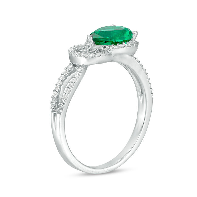 Main Image 2 of Pear-Shaped Lab-Created Emerald and 0.145 CT. T.W. Diamond Knot Frame Ring in Sterling Silver