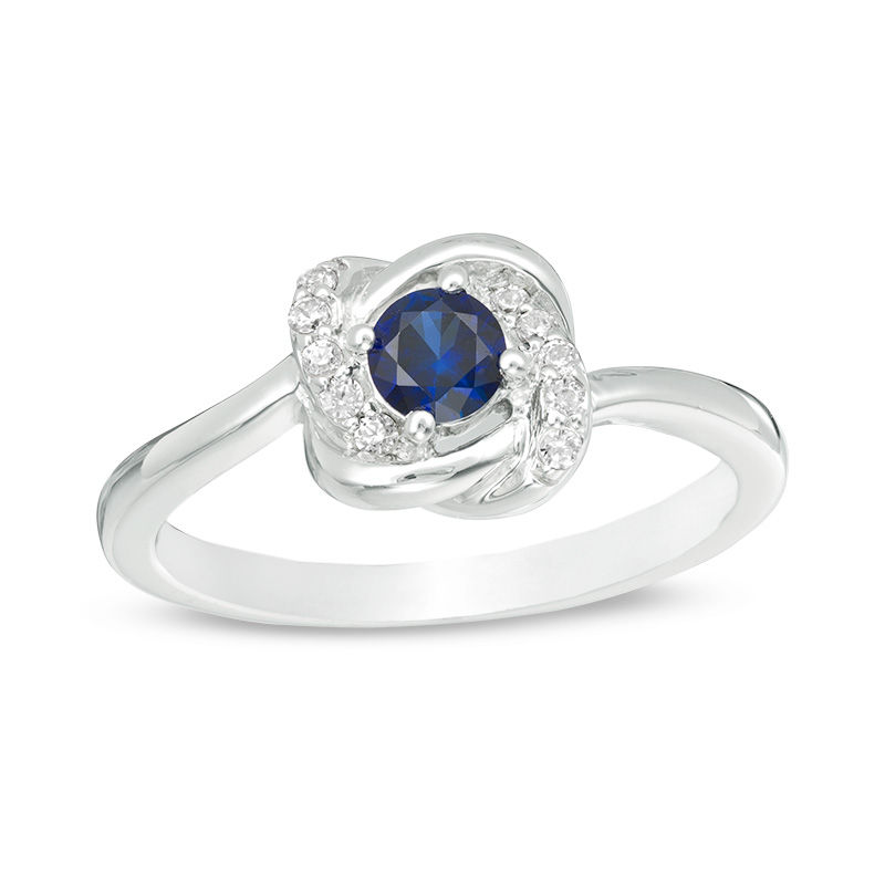 4.0mm Lab-Created Blue Sapphire and 0.065 CT. T.W. Diamond Knot Frame Ring in Sterling Silver