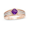 Thumbnail Image 0 of 5.0mm Cushion-Cut Amethyst and 0.116 CT. T.W. Diamond Multi-Row Split Shank Ring in 10K Rose Gold