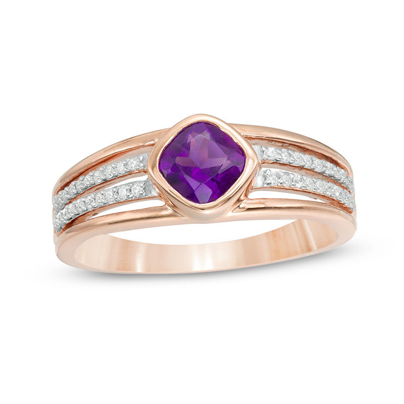 5.0mm Cushion-Cut Amethyst and 0.116 CT. T.W. Diamond Multi-Row Split Shank Ring in 10K Rose Gold|Peoples Jewellers