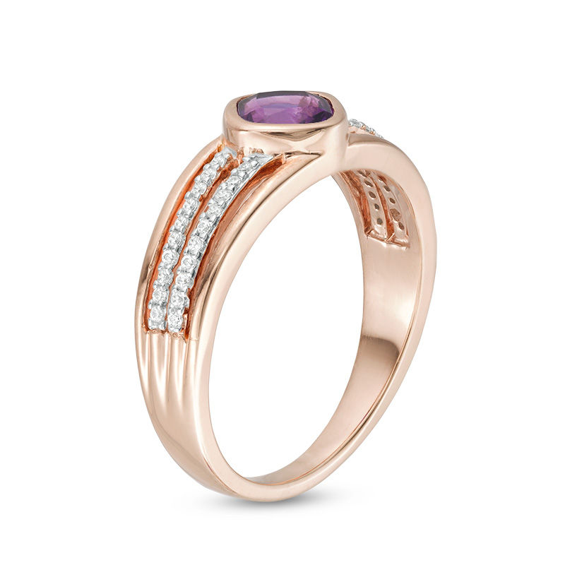 5.0mm Cushion-Cut Amethyst and 0.116 CT. T.W. Diamond Multi-Row Split Shank Ring in 10K Rose Gold