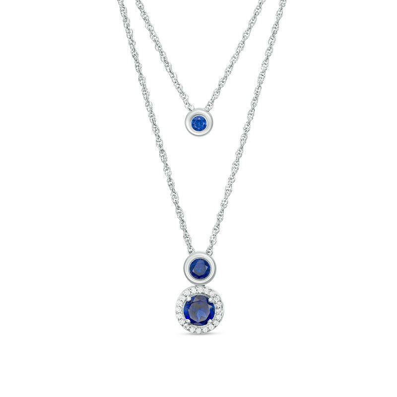 Lab-Created Blue and White Sapphire Frame Double Strand Necklace in Sterling Silver - 20"