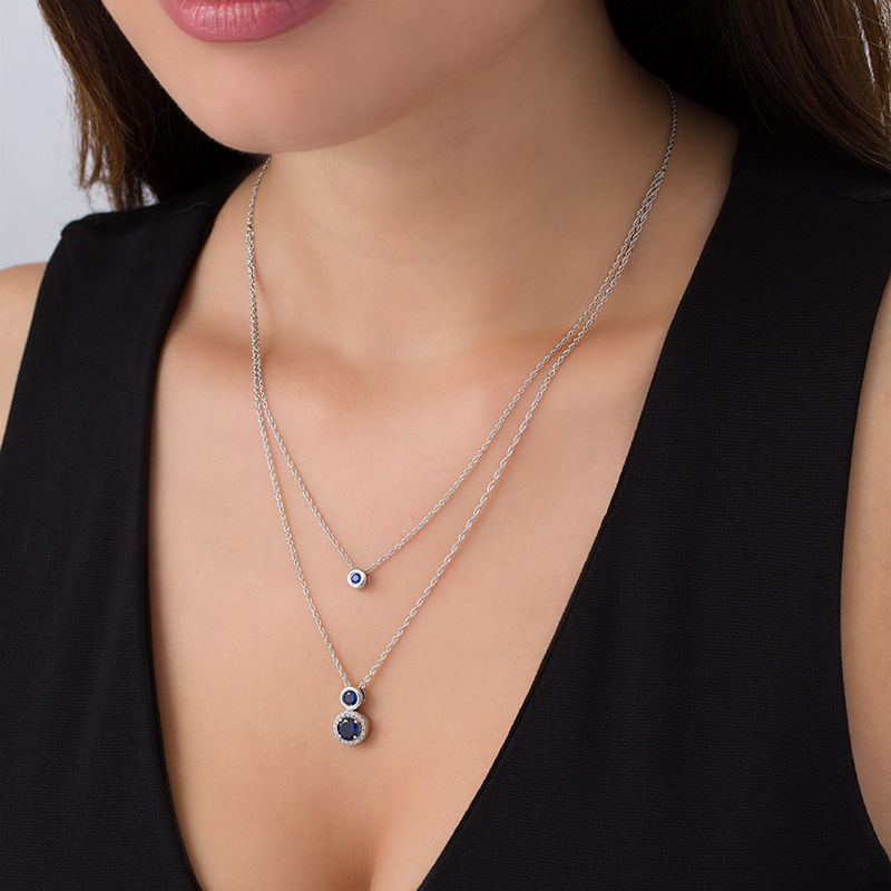 Lab-Created Blue and White Sapphire Frame Double Strand Necklace in Sterling Silver - 20"