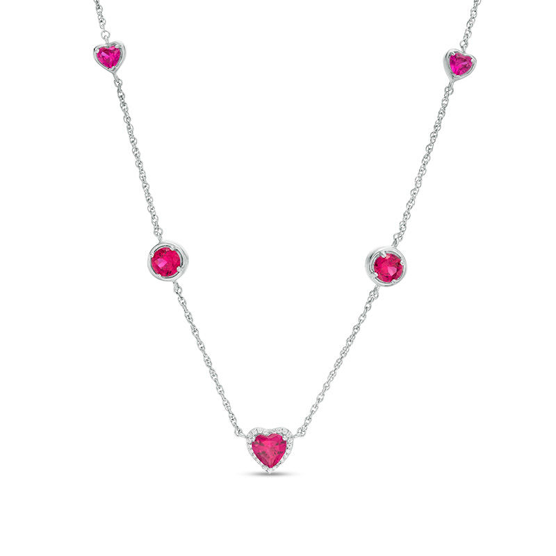 Lab-Created Ruby and 0.067 CT. T.W. Diamond Station Necklace in Sterling Silver|Peoples Jewellers