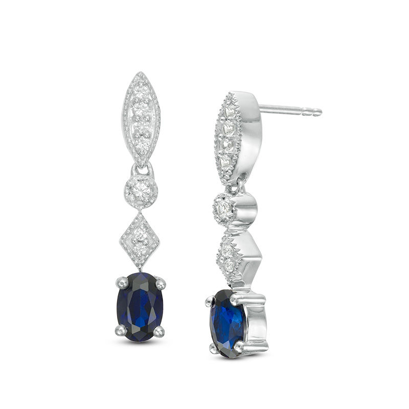 Oval Lab-Created Blue and White Sapphire Vintage-Style Geometric Drop Earrings in Sterling Silver