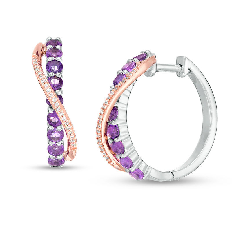 Main Image 1 of Amethyst and 0.067 CT. T.W. Diamond Crossover Ribbon Hoop Earrings in Sterling Silver and 10K Rose Gold