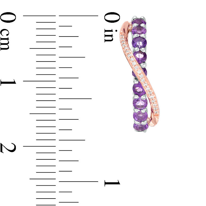 Main Image 2 of Amethyst and 0.067 CT. T.W. Diamond Crossover Ribbon Hoop Earrings in Sterling Silver and 10K Rose Gold