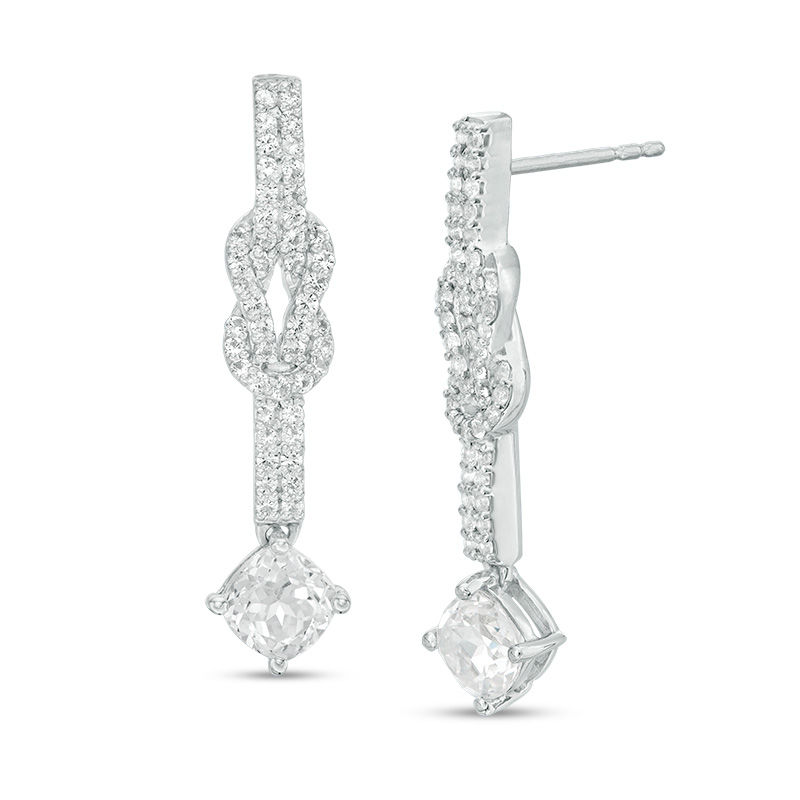 5.0mm Cushion-Cut Lab-Created White Sapphire Knot Drop Earrings in Sterling Silver|Peoples Jewellers