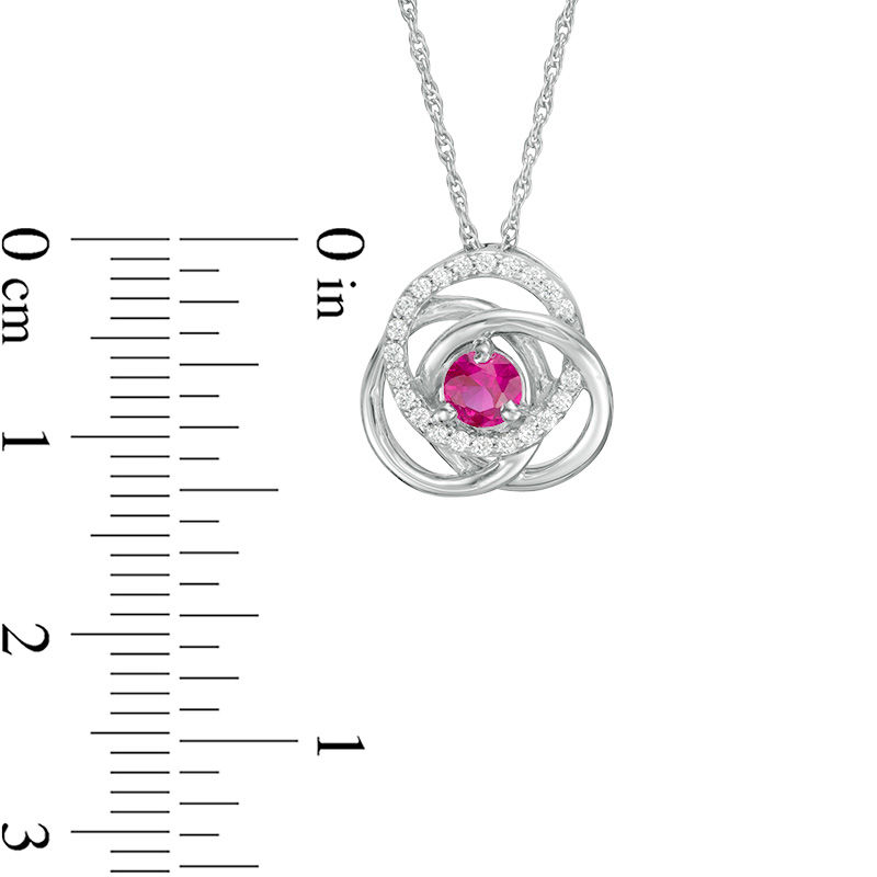 4.0mm Lab-Created Ruby and 0.085 CT. T.W. Diamond Love Knot Frame Pendant in Sterling Silver