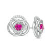 Thumbnail Image 0 of 3.0mm Lab-Created Ruby and 0.116 CT. T.W. Diamond Love Knot Frame Stud Earrings in Sterling Silver