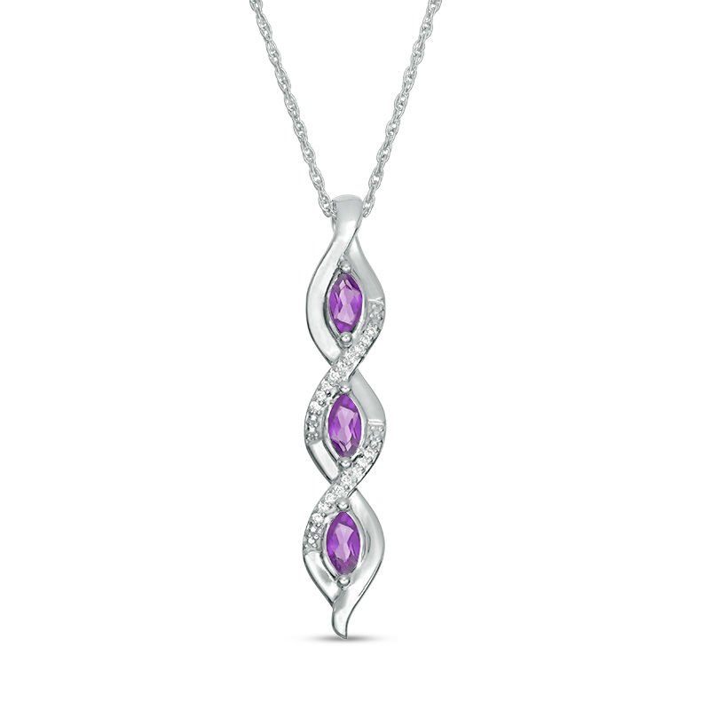 Marquise Amethyst and 0.04 CT. T.W. Diamond Cascading Frame Triple Drop Pendant in Sterling Silver