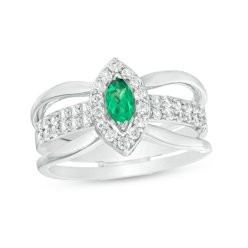 Convertibilities Marquise Lab-Created Emerald and White Sapphire Frame Double Row Three-in-One Ring in 10K White Gold