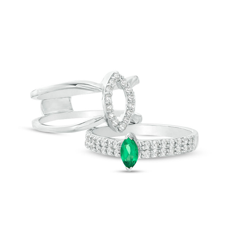 Convertibilities Marquise Lab-Created Emerald and White Sapphire Frame Double Row Three-in-One Ring in 10K White Gold