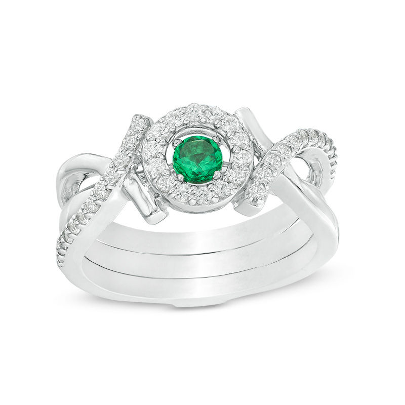 Convertibilities 3.5mm Lab-Created Emerald and White Sapphire Frame "XO" Three-in-One Ring in 10K White Gold