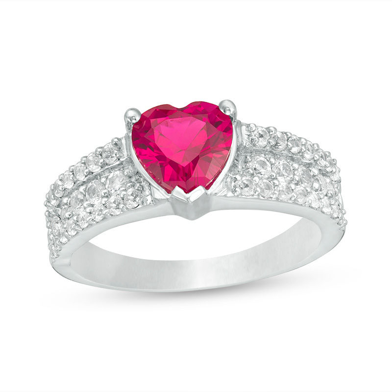 7.0mm Heart-Shaped Lab-Created Ruby and White Sapphire Multi-Row Ring in Sterling Silver