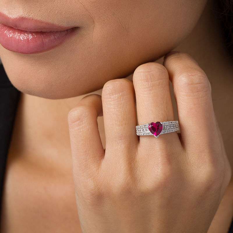 7.0mm Heart-Shaped Lab-Created Ruby and White Sapphire Multi-Row Ring in Sterling Silver