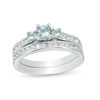Thumbnail Image 0 of Princess-Cut Aquamarine and Lab-Created White Sapphire Three Stone Bridal Set in Sterling Silver