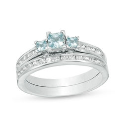 Princess-Cut Aquamarine and Lab-Created White Sapphire Three Stone Bridal Set in Sterling Silver