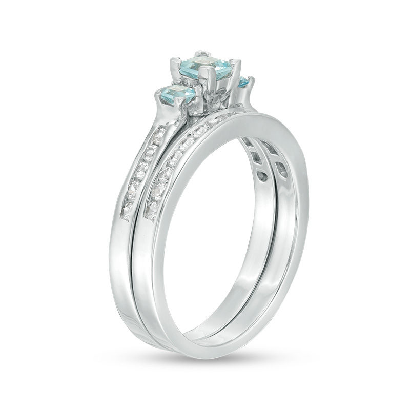 Princess-Cut Aquamarine and Lab-Created White Sapphire Three Stone Bridal Set in Sterling Silver