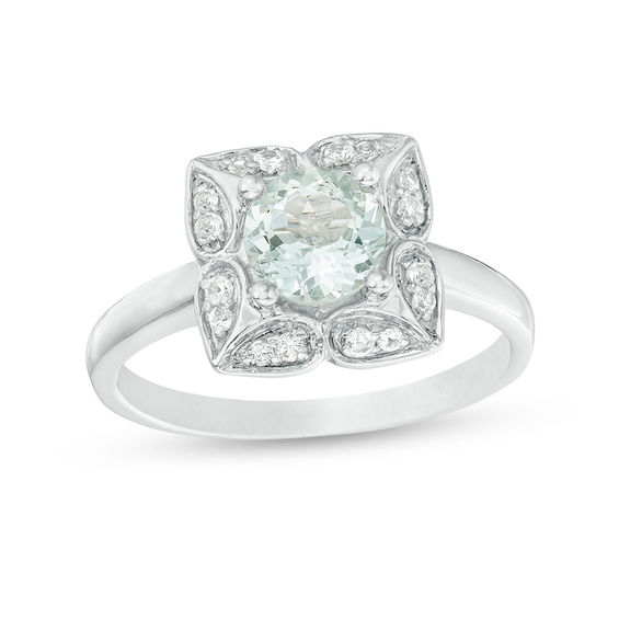 6.0mm Aquamarine and Lab-Created White Sapphire Ornate Flower Frame Ring in Sterling Silver