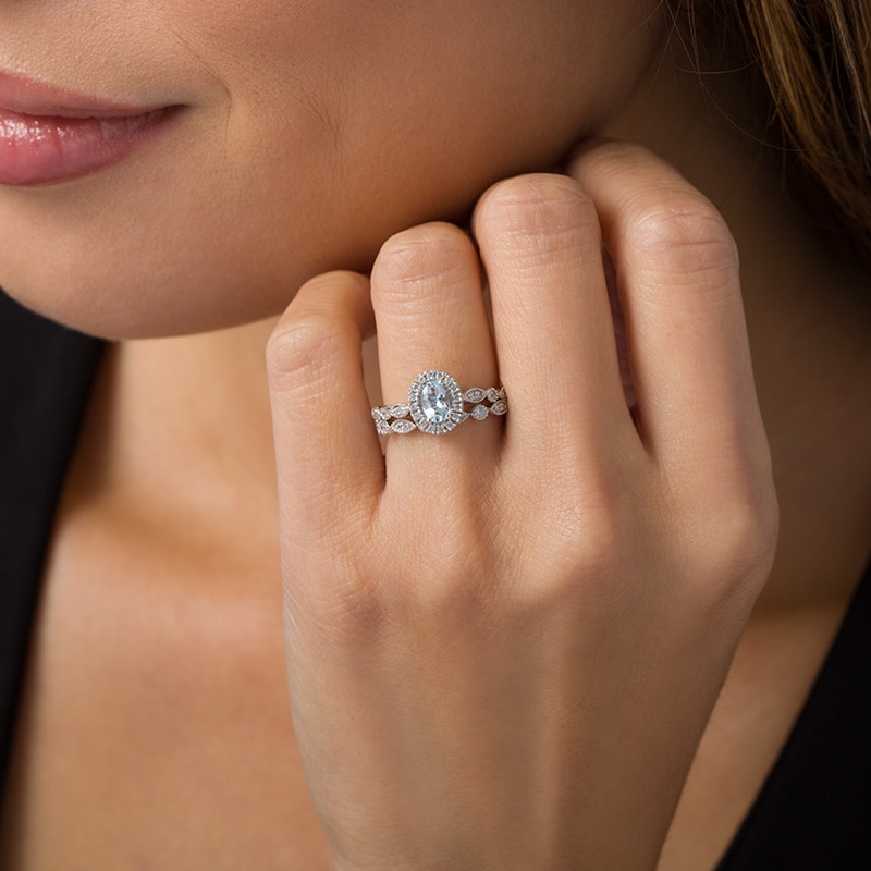Main Image 2 of Oval Aquamarine and 0.21 CT. T.W. Diamond Frame Vintage-Style Bridal Set in 10K White Gold