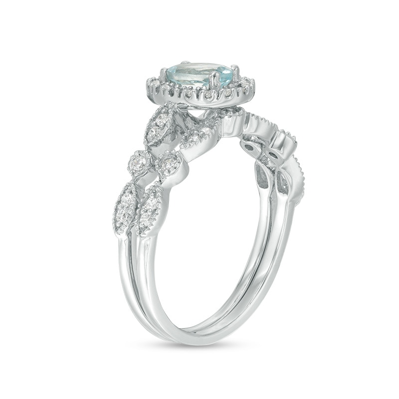 Main Image 3 of Oval Aquamarine and 0.21 CT. T.W. Diamond Frame Vintage-Style Bridal Set in 10K White Gold