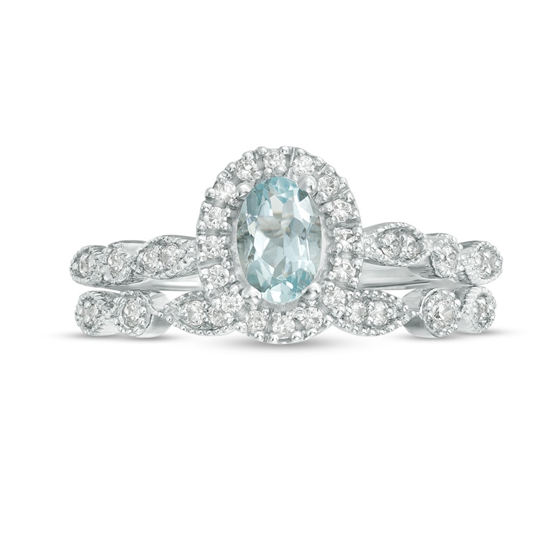 Main Image 4 of Oval Aquamarine and 0.21 CT. T.W. Diamond Frame Vintage-Style Bridal Set in 10K White Gold