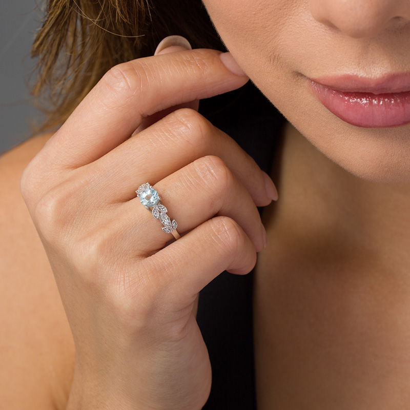 Main Image 2 of 6.0mm Aquamarine and 0.119 CT. T.W. Diamond Vintage-Style Vine Ring in 10K White Gold