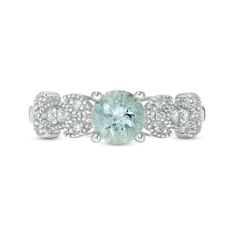Main Image 3 of 6.0mm Aquamarine and 0.119 CT. T.W. Diamond Vintage-Style Vine Ring in 10K White Gold