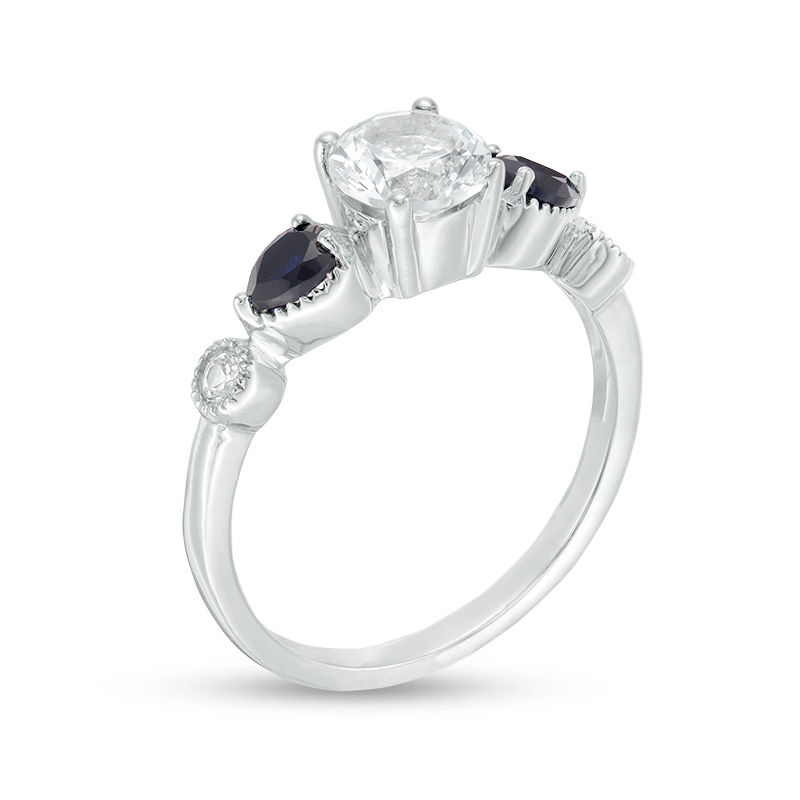 6.0mm Lab-Created White and Blue Sapphire Art Deco Ring in Sterling Silver