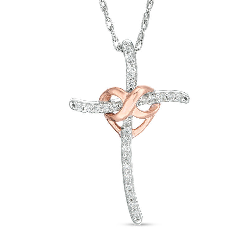 0.085 CT. T.W. Diamond Infinity Heart Cross Pendant in Sterling
