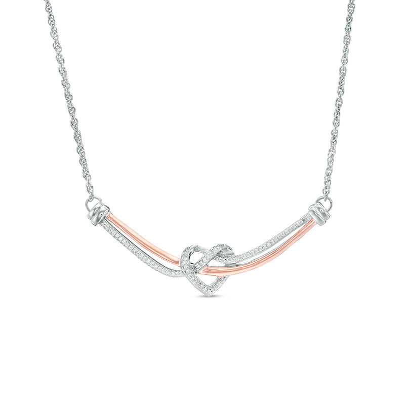 0.147 CT. T.W. Diamond Love Knot Heart Curved Bar Necklace in Sterling Silver and 10K Rose Gold - 16.37"