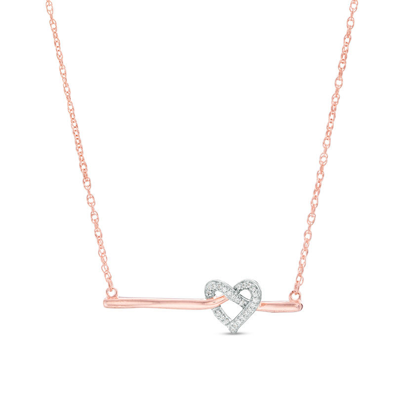 0.04 CT. T.W. Diamond Love Knot Heart Bar Necklace in 10K Rose Gold - 16.37"