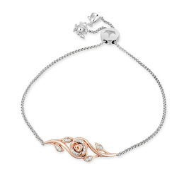 Enchanted Disney Belle 0.086 CT. T.W. Diamond Bypass Rose Bolo Bracelet in Sterling Silver and 10K Rose Gold - 10.5&quot;