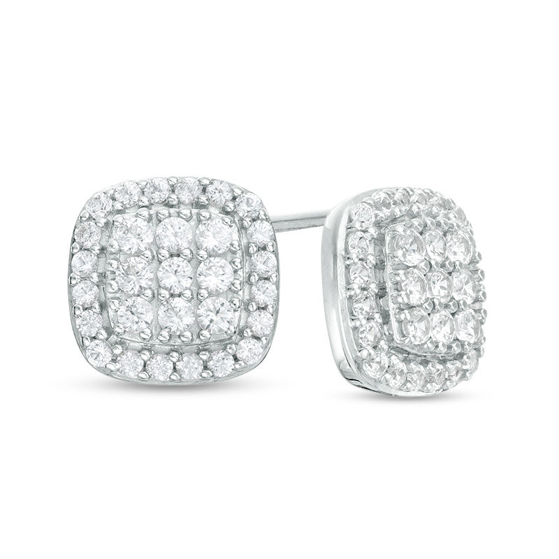 Lab-Created White Sapphire Composite Cushion Frame Stud Earrings in Sterling Silver