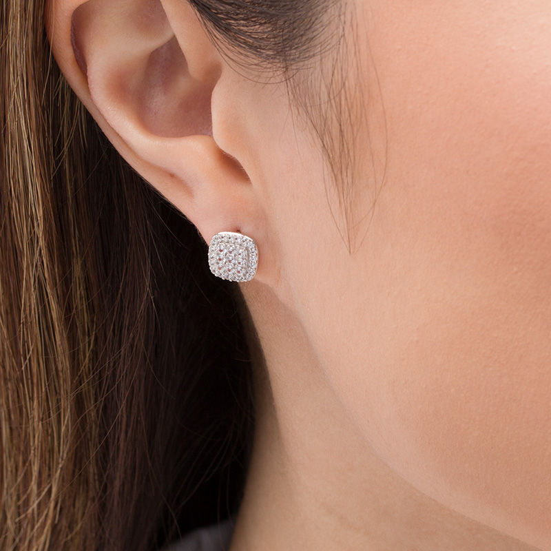 Lab-Created White Sapphire Composite Cushion Frame Stud Earrings in Sterling Silver