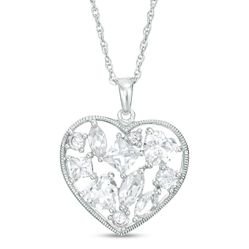 Main Image 1 of Multi-Shape Lab-Created White Sapphire Cluster Vintage-Style Frame Heart Pendant in Sterling Silver
