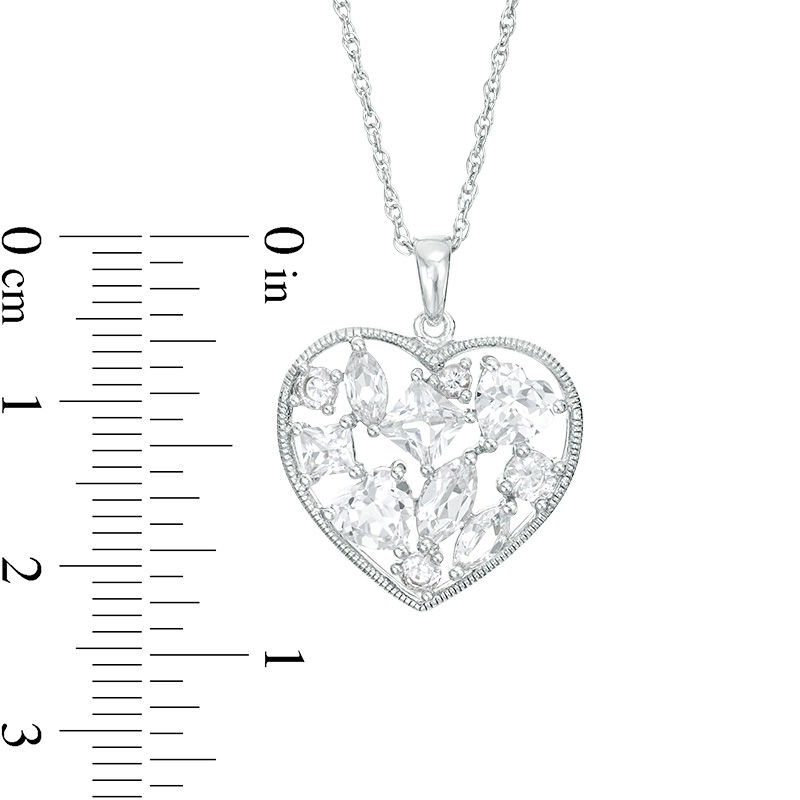 Main Image 3 of Multi-Shape Lab-Created White Sapphire Cluster Vintage-Style Frame Heart Pendant in Sterling Silver