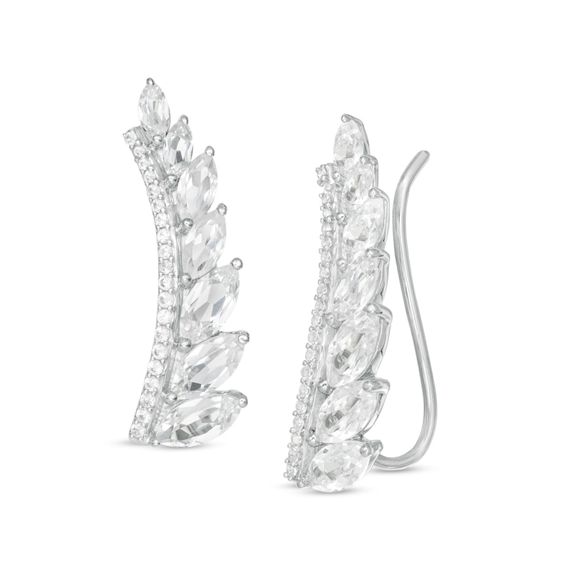 Marquise and Round Lab-Created White Sapphire Graduated Curved Bar Crawler Earrings in Sterling Silver