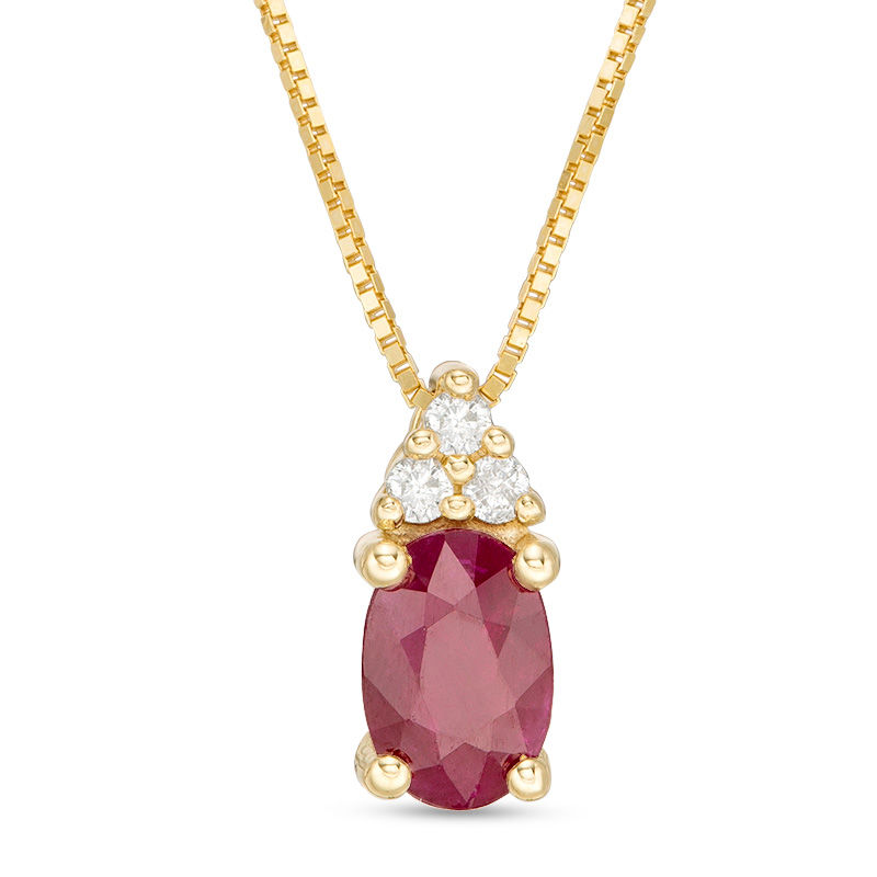 Main Image 1 of Oval Certified Ruby and 0.04 CT. T.W. Diamond Tri-Top Pendant in 10K Gold