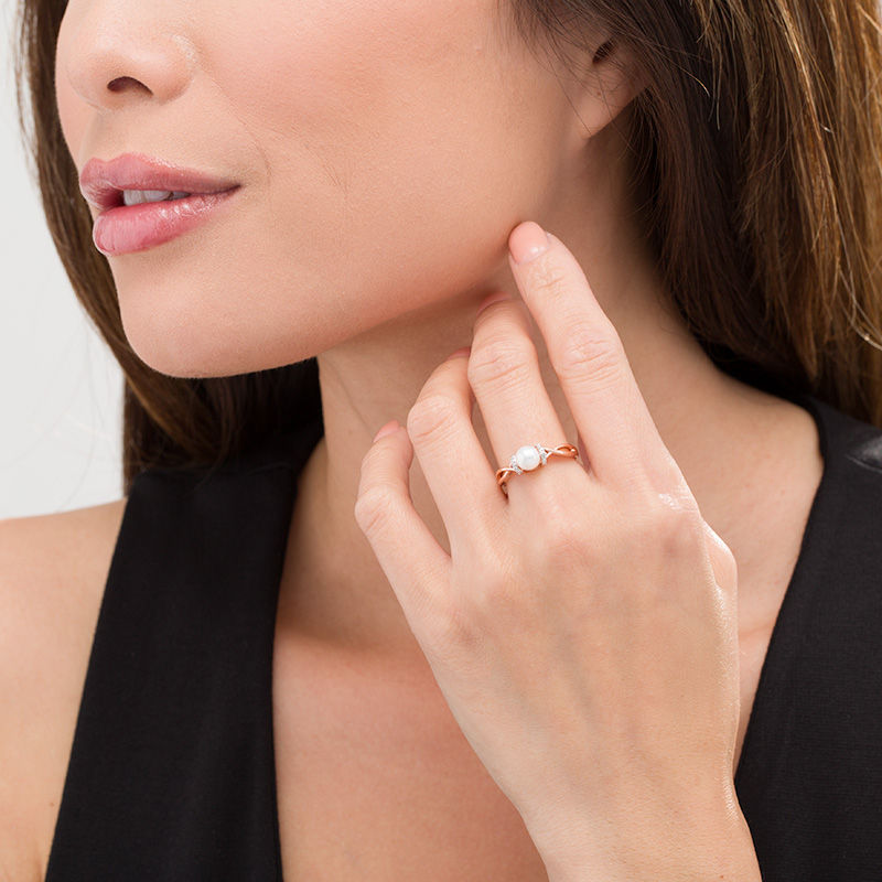 6.0mm Freshwater Cultured Pearl and Diamond Accent Collar Twist Shank Ring in 10K Rose Gold