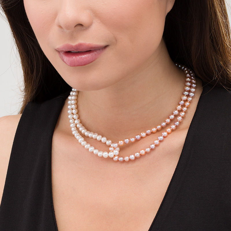 Dyed Multi-Colour and White Cultured Freshwater Pearl Double Strand Necklace with Sterling Silver Filigree Clasp - 16"