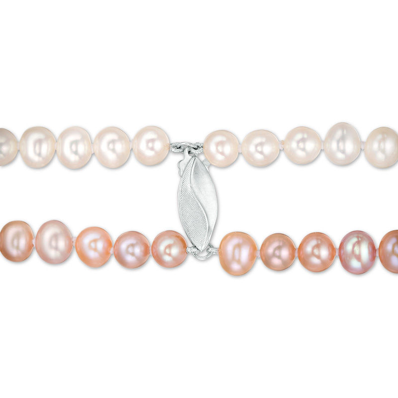 Dyed Multi-Colour and White Cultured Freshwater Pearl Double Strand Necklace with Sterling Silver Filigree Clasp - 16"