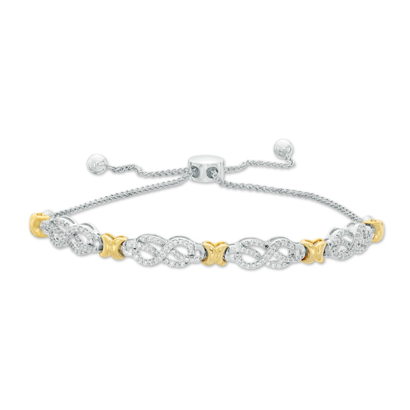 Main Image 1 of 0.38 CT. T.W. Diamond Infinity Knot and "X" Bolo Bracelet in Sterling Silver with 14K Gold Plate - 9.5"