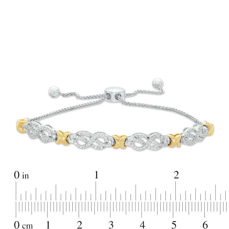 Main Image 3 of 0.38 CT. T.W. Diamond Infinity Knot and "X" Bolo Bracelet in Sterling Silver with 14K Gold Plate - 9.5"