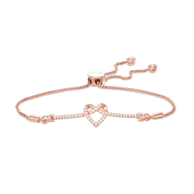 0.18 CT. T.W. Diamond Love Knot Heart Bolo Bracelet in Sterling Silver with 14K Rose Gold Plate - 9.5"|Peoples Jewellers