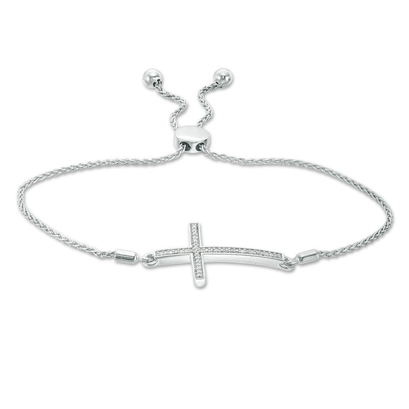 Main Image 1 of 0.10 CT. T.W. Diamond Sideways Cross Bolo Bracelet in Sterling Silver - 9.5"